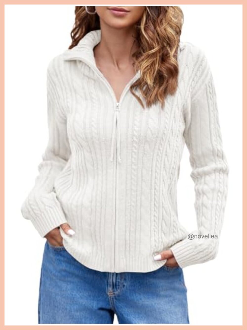 Cable Knit Zip Up Cardigan Collared Long Sleeve Loose Fit Vintage Sweater